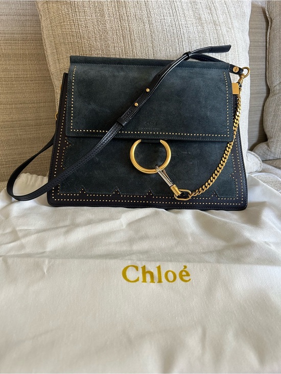 Chloe Handbags - Chloé Navy Medium Studded Faye Suede Shoulder Bag with Gold Ring & Chain